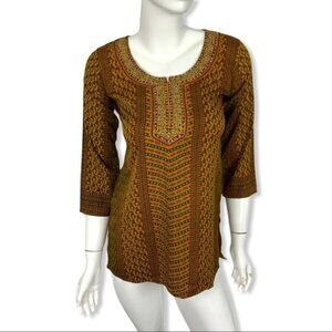 Kashish XS Boho Ethnic Print Tunic Top 3/4 Sleeve Festival Hippie Peasant Blouse